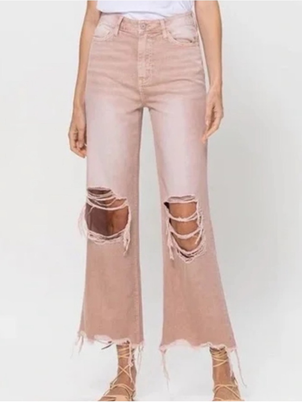 Annie Blush Pink Distressed Wide-Leg Jeans